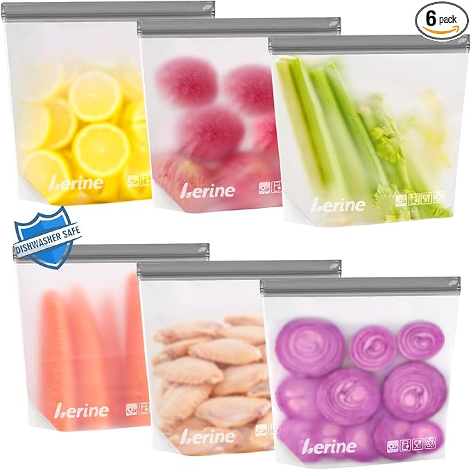 Lerine 6 Pack Reusable Gallon Freezer Bags Stand-Up Dishwasher Safe, BPA-Free Reusable Gallon Bags, Leakproof Food Storage Bags for Meat Vegetables Bread Travel (Gray)