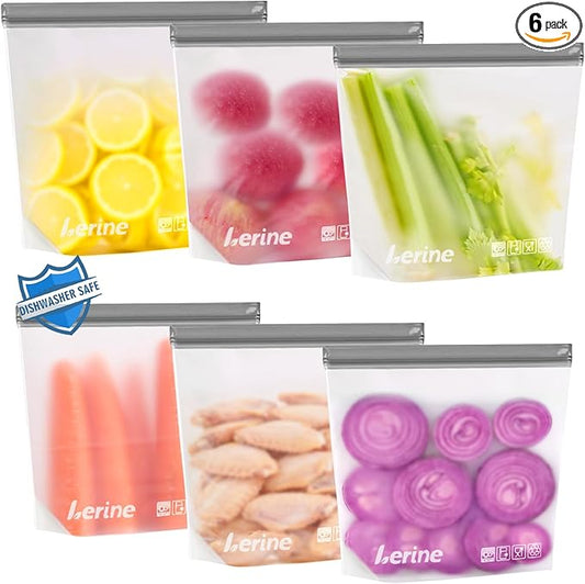 Lerine 6 Pack Reusable Gallon Freezer Bags Stand-Up Dishwasher Safe, BPA-Free Reusable Gallon Bags, Leakproof Food Storage Bags for Meat Vegetables Bread Travel (Gray)