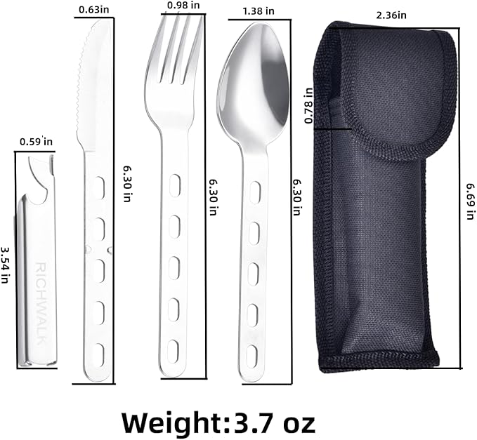 4-in-1 Camping Spoon Fork Knife Combos Set of 4 - Portable Stainless Steel Flatware Spoon Fork kit - fork Knife & Bottle Opener Combo Pack for Picnic Hiking Travel