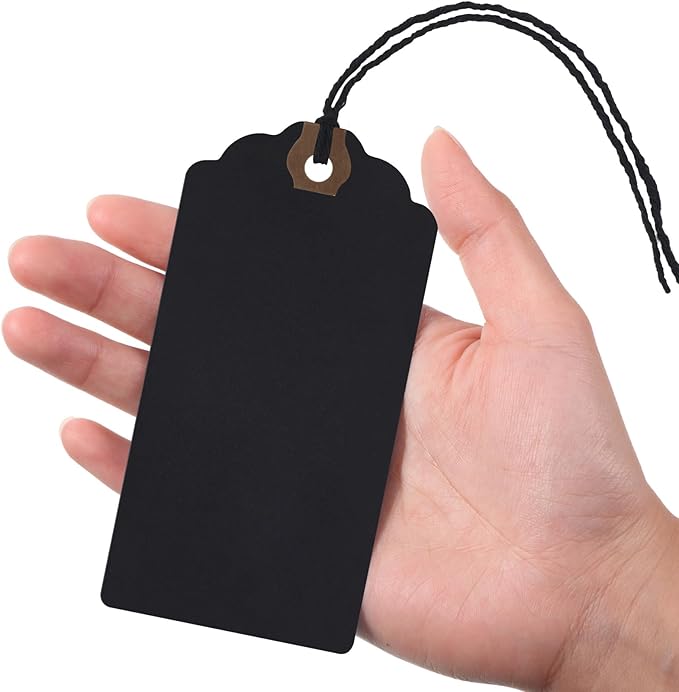 Outus 60 Pcs 4 3/4-in x 2 3/8-in Blank Large Paper Gift Tags with String and Reinforced Eyelet Wire Writable Price Tags Shipping Labels Inventory Labels(Black)