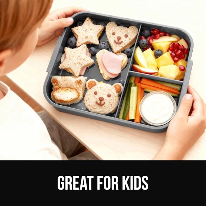 GORILLA GRIP BPA-Free Leakproof 5-Compartment Bento Lunch Box for Adults, Kids, Holds 10 Cups, Microwave Safe Hot and Cold Food Containers, Easy to Carry Lid Includes Built-In Utensils Set, Gray