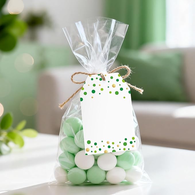 Anwyll Gift Tags with String - 100Pcs Green Gold Confetti Polka Dot Gift Bag Tags Personalized White Blank Hang Paper Label Tag for Birthday Party Bridal Shower Wedding St. Patrick's Day Favor Present
