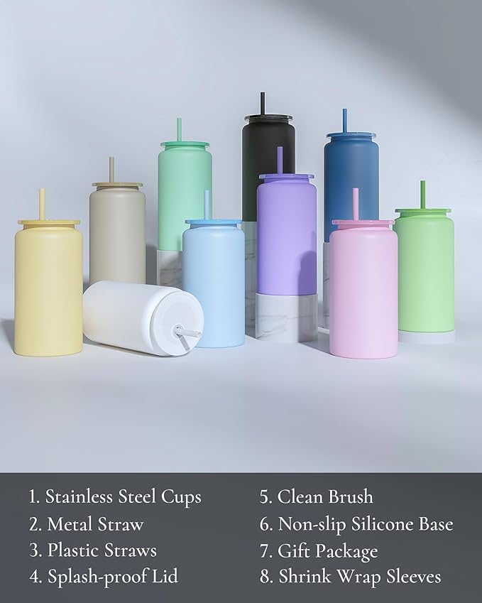 10Pack Glass Cups with Lids and Straws, 16oz Stainless Steels Cups, Beer Cups, Iced Coffee Cups, Smoothie Cups, Drinking Cups, Green (Textured Matte Finish, Not Sublimatable)