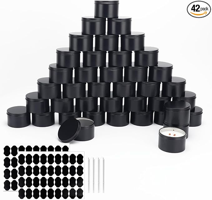 42 Pack Round Cans with Screw Lid 7 Oz Aluminum Metal Tins DIY Food Candle Containers for Lotion Bars, Balms, Salve, Spices, Beard Balm, Crafts with 4 Markers 6 Sheets Label Stickers (Black)