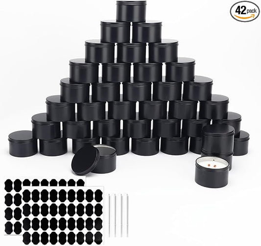 42 Pack Round Cans with Screw Lid 7 Oz Aluminum Metal Tins DIY Food Candle Containers for Lotion Bars, Balms, Salve, Spices, Beard Balm, Crafts with 4 Markers 6 Sheets Label Stickers (Black)