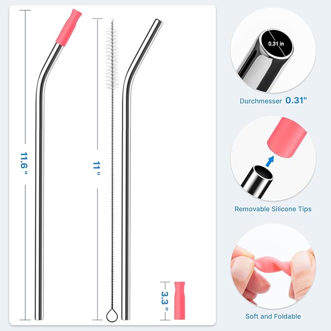2 Pcs Stainless Steel Straw with Silicone Tips for 30 oz Stanley Tumbler, Repeatable 30 oz Metal Straws for Stanley Adventure Quencher Travel Tumbler Cup, BPA Free（Pink Dusk）