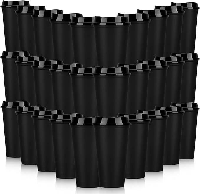 Domensi 30 Pack Reusable Coffee Cups with Lids 16 oz Disposable Travel Cups Bulk Plastic to Go Coffee Tumblers for DIY Hot Cold Drink Party Favors Coworker, Microwaveable (Black)