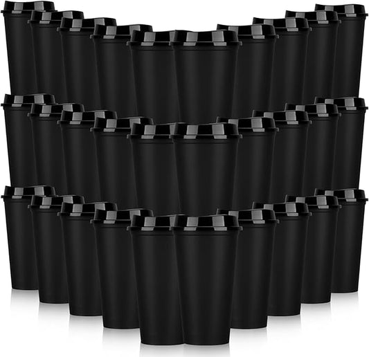 Domensi 30 Pack Reusable Coffee Cups with Lids 16 oz Disposable Travel Cups Bulk Plastic to Go Coffee Tumblers for DIY Hot Cold Drink Party Favors Coworker, Microwaveable (Black)