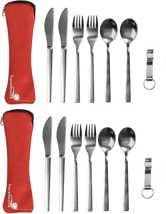 Travel Utensils With Case - Metal Camping Silverware Cutlery Set - Reusable & Portable Fork Knife Spoon Flatware For Lunch Box, Backpacking (2 Cases)