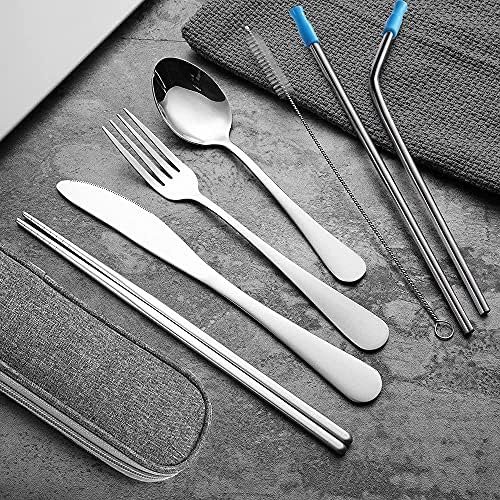 Travel Utensils Set with Case Reusable Portable Cutlery Set Stainless Steel 8pcs Including Dinner Knife Fork Spoon Chopsticks Straws(Silver) - Image 2