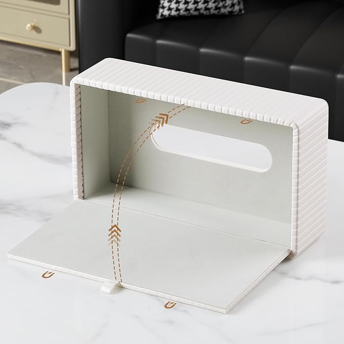 PU Leather Short Tissue Box Cover Rectangle, Small Tissue Box Holder with Magnetic Closure, Decorative Rectangular Tissue Holder for Bathroom Car Office (Ivory)