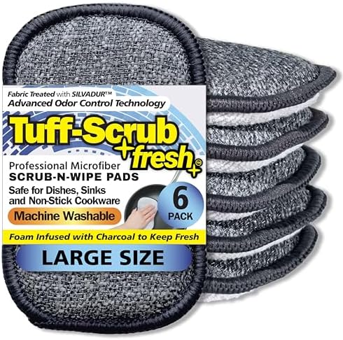 Fresh Scrub-N-Wipe Pad by Tuff-Scrub, 6-Pack, Antimicrobial & Charcoal Foam for Odor Control, Microfiber, Multi-Surface, Non-Scratch, Dual-Sided, Machine Washable, Kitchen Sponge (Large) by Tuff-Scrub