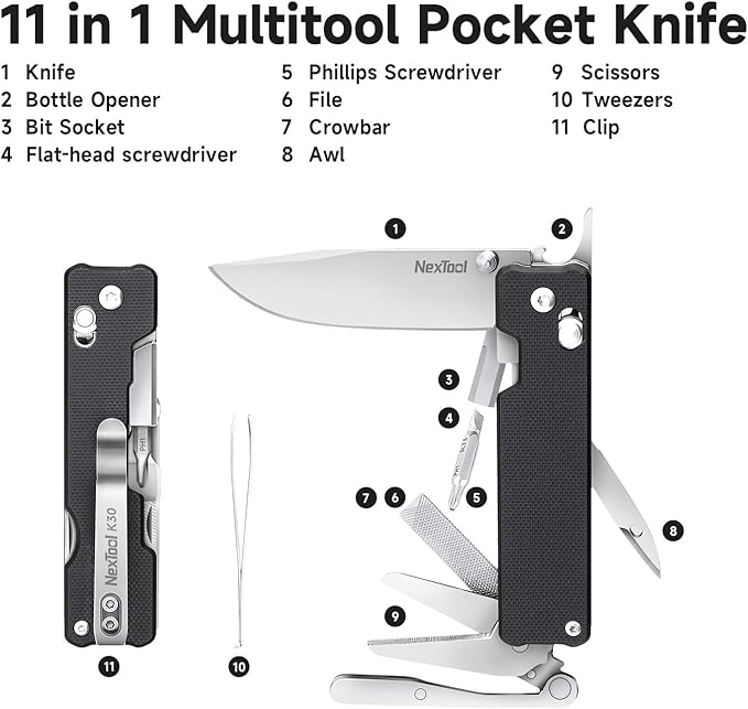 NexTool Knight K30 Multitool,11-in-1 Pocket Knife Multi tool with Axis Lock,Serrated Scissors,Tweezers,Awl,4mm 10-in-1 Bit Set for DIY、Repairs、Gifts