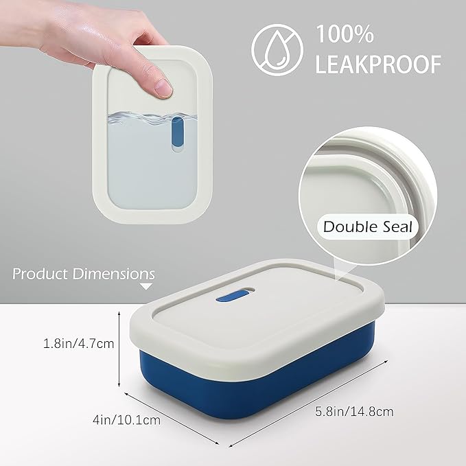 Enhanced Leak Proof Travel Case with Lid, Large Silicone Container for Traveling,Shampoo Bar Holder, Soap Dish with Draining Layer, Bar Soap Caddy (Offwhite & Blue)