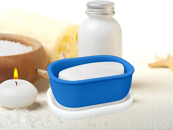 Leakproof Silicone Travel Soap Case with Drainage Layer, Silicone Bar Soap Holder Compact Portable Shatterproof Soap Container Box for Bathroom Gym Camp Travel Toiletries (KleinBlue, Clear Lid)