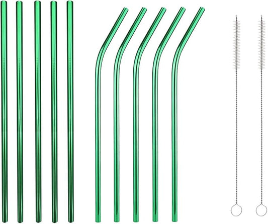 10 Pcs Stainless Steel Straws, Reusable Drinking Straws, 5 Straight + 5 Bent Metal Straws Set With 2 Pcs Cleaning Brushes (Green, 8.5 Inch)