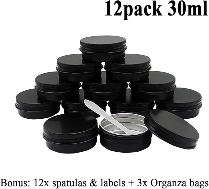 12pcs 1oz 30 ml Aluminum Tin Jar, 30g Refillable Makeup Container, 30 Gram Black Screw Lid Round Can Sample Pot for Cosmetic DIY, Handmade, Lip Balm, Cream, Salve, Toner, Candle, Paint, Scrub