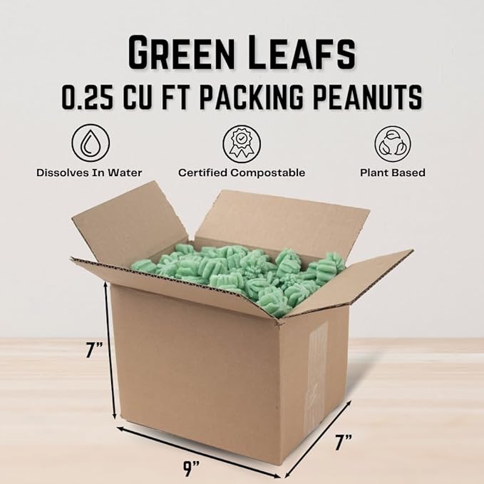 Magicwater Supply - .25 Cu Ft - Green Leaf Shaped Recycled Anti Static Packing Peanuts - Compostable & Biodegradable Cushion for Shipping - Dust-Free & Abrasion Resistant - Void Filler