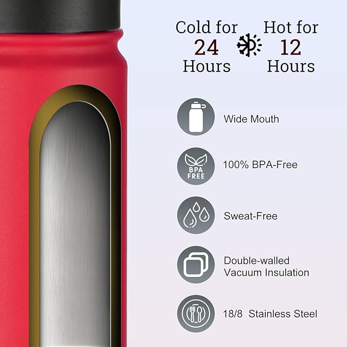 mininoo 24 oz Insulated Water Bottle with Straw Lid, Stainless Steel Double Wall Vacuum, Leak Proof, BPA Free, Keep Cold for 24H & Hot for 12H-2 pack(Red)