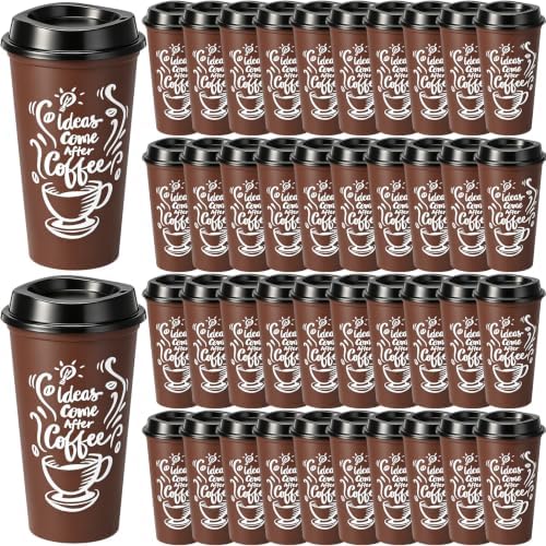 Honeydak 45 Pack 16 oz Reusable Coffee Cups with Lids Water Bottle Iced Coffee Travel Mug Portable Plastic Tea Tumblers Bulk for Hot and Cold Drinks Birthdays Party (Brown,Printing Style) by Honeydak