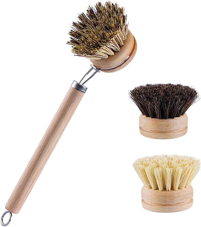 Dish Brush with Handle - 1 Sturdy Wooden Handle with 3 Natural Bristle Heads All-Purpose Kitchen Scrubber, Bamboo Wok Brush Fruit & Veggie Scrubber Eco-Friendly Brush for Pots, Pans, Oven