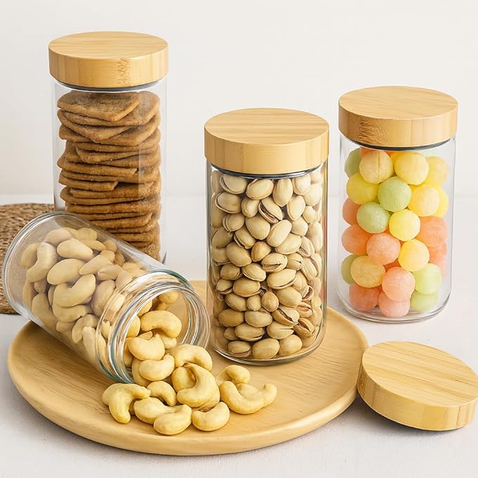 4 Pack 24oz Glass Jars with Bamboo Lids, Spoons, Airtight Overnight Oats Containers, Wide Mouth Mason Jars, Food Storage Container for Yogurt Salad Snacks Spice Sugar Meal Prep – Reusable