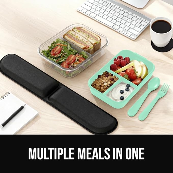 GORILLA GRIP BPA-Free Leakproof 5-Compartment Bento Lunch Box for Adults, Kids, Holds 10 Cups, Microwave Safe Hot and Cold Food Containers, Easy to Carry Lid Includes Built-In Utensils Set, Mint