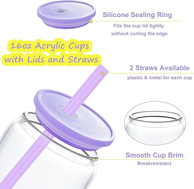 16oz Acrylic Mason Jars Cups, 20 Pack Can shaped Plastic Cups with Lids and Straws, Iced Coffee Cup Cute Drinking Glass Unbreakable Tumbler for Whiskey, Soda, Iced Tea, Colored