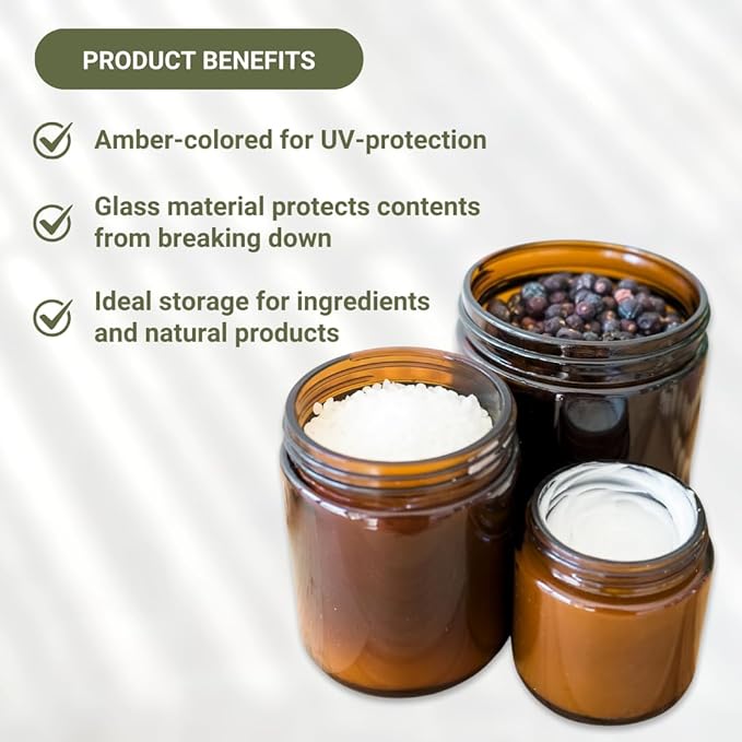 Glass Amber 1oz Jar - 12 Packs, Empty Round Jars For Beauty Products, Lotion, and Powders - Black Lid - Small Candle Jars