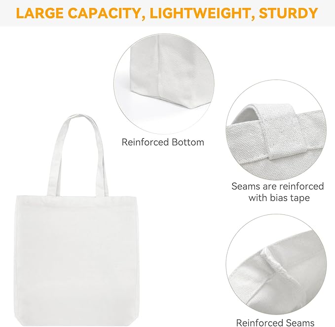 Faylapa 3 Pack Canvas Tote Bags,Heavy Duty Reusable Grocery Shopping Bag 13.6"x 15.3" Blank Cotton Bags for Decorating Christmas Crafts DIY, Painting(White)