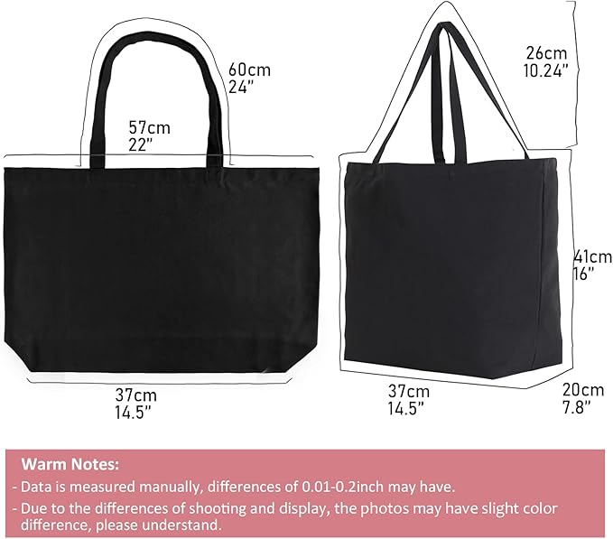 Koolmox 6Pack 22x16x7.8'' 12Oz Heavy Duty Canvas Tote Bag with Zipper, Reinforced Handles Wide Bottom, Large Canvas Bag, Extra Big Grocery Shopping Beach Reusable Totes Bags Vacation Bags Plain Black