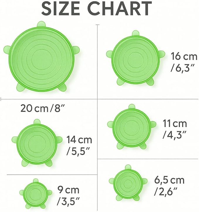 6 Pack Silicone Stretch Lids Reusable | Green Food Grade Bowl Covers for Kitchen | Airtight Seal for Food Storage | BPA Free Eco Friendly Stretchable Lid Set for Containers, Cups, Cans, Fruits