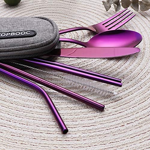 8-Piece Portable Stainless Steel Flatware Set, Travel Camping Cutlery Set with Purple Waterproof Case - Image 2