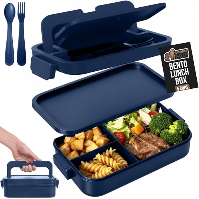 GORILLA GRIP BPA-Free Leakproof 3-Compartment Bento Lunch Box for Adults, Kids, Microwave Safe Hot and Cold Food Containers, Easy to Carry Lid Includes Built-In Utensils Set, Holds 5 Cups, Navy