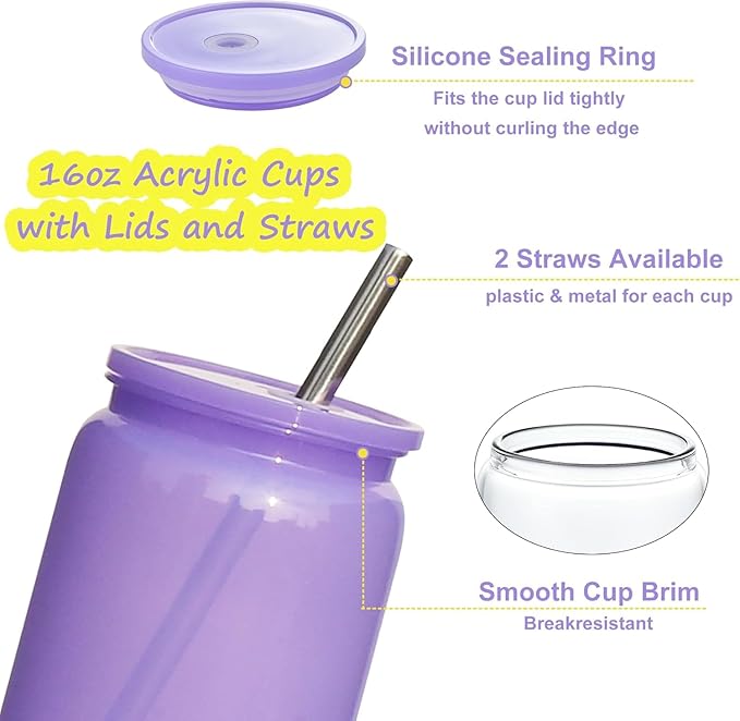 16 oz Plastic Cups Reusable with Lids and Straws & DIY Sticker, 20Pack Acrylic Mason Jars Iced Coffee Drinking Glasses Cup for Park Picnic, Poolside, Party Giveaways, Jelly Color