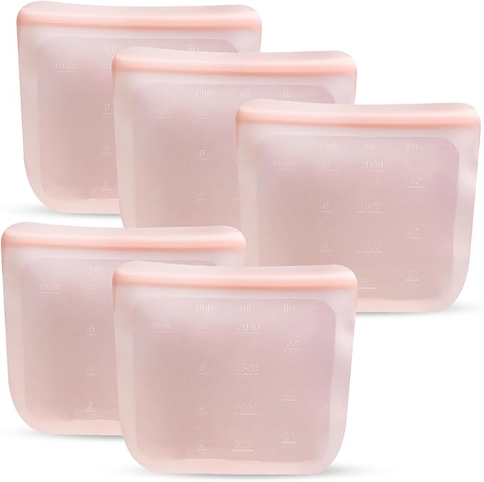 purifyou Set of 5 Reusable Silicone Storage Snack Bags 6oz / 16oz / 32oz / 64oz Self-Seal Food Storage Container for Fruits, Vegetables, Sandwiches, Dishwasher Safe & Leak-free (CloudPink, 64oz)
