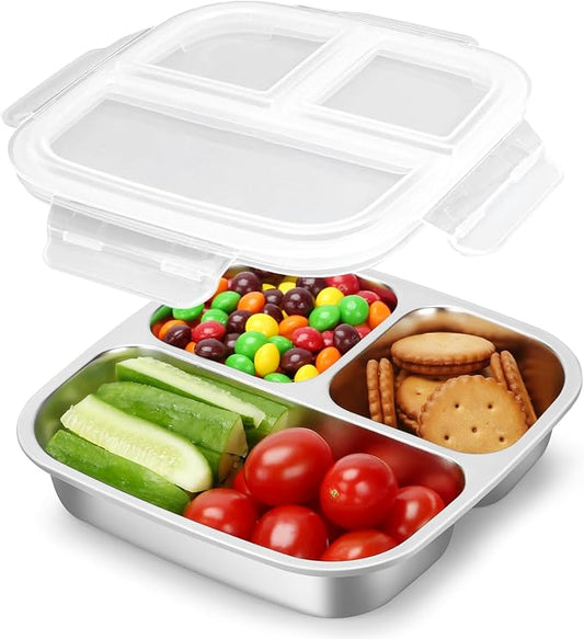 RAOOKIF Stainless Steel Snack Containers With Lids, 3 Compartment Leak-proof Food Storage Containers, 20 oz Reusable Grab and Go Snack Box for School, Home, Office, and Camping, Dishwasher-Safe