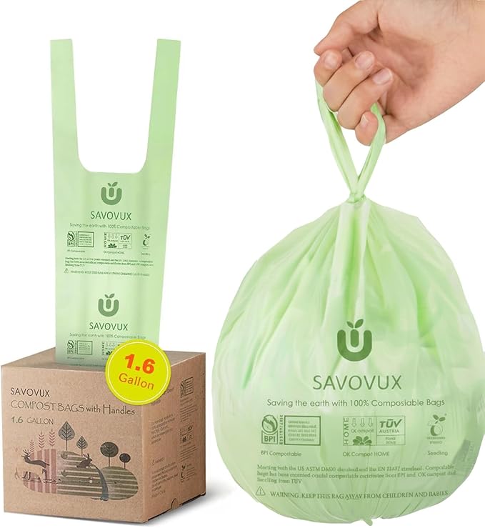 1.6 Gallon Compostable Bags with Handles, Small Kitchen Food Scrap Bags for Countertop Compost Bin, 6L, 100 Count, BPI & OK Compost Certified