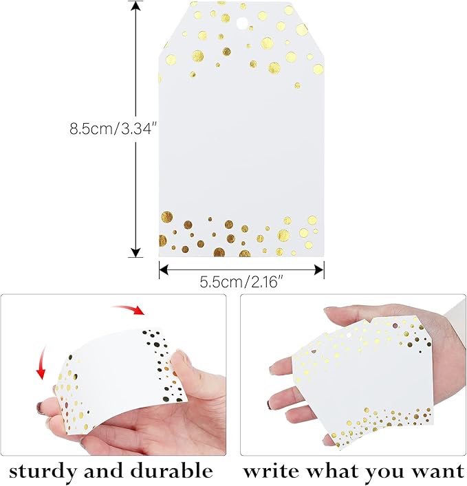 jijAcraft 100Pcs Gift Tags with String, Foil Gold Dots Blank Tags, 3.3x2.2Inch White Paper Tag, Party Favors Hanging Name Labels for Baby Shower, Birthday, Wedding