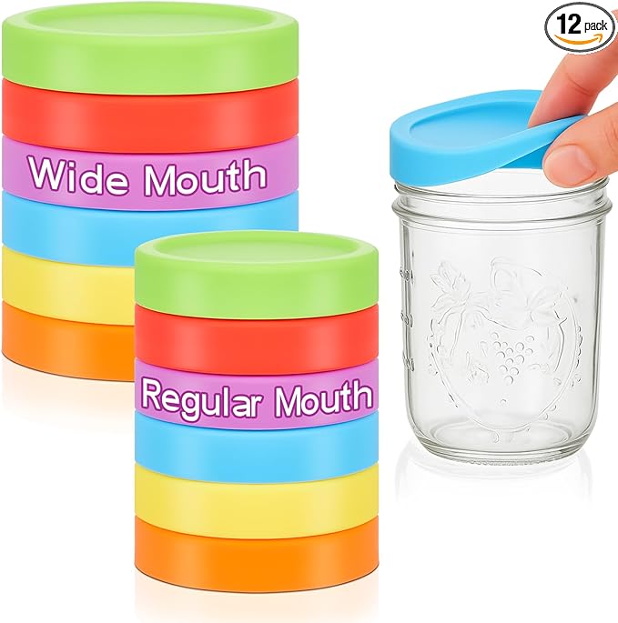12 Pcs Mason Jars 6 Wide and 6 Regular Mouth Lids Mason Jar Lids Thickened Leak Proof Lid for 86mm, 70mm Wide and Regular Mouth, Reusable Canning Jar Caps(Red Orange Yellow Green Blue Purple)
