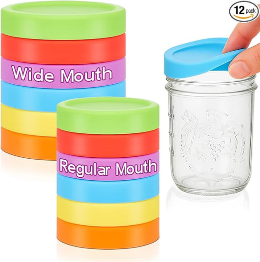 12 Pcs Mason Jars 6 Wide and 6 Regular Mouth Lids Mason Jar Lids Thickened Leak Proof Lid for 86mm, 70mm Wide and Regular Mouth, Reusable Canning Jar Caps(Red Orange Yellow Green Blue Purple)