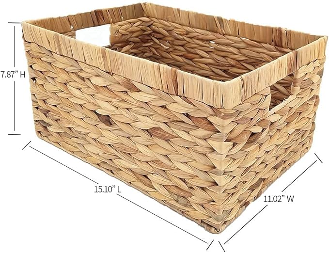 Rectangular Woven Water Hyacinth Storage Baskets with inside Handle for Shelves Bathroom Kitchen Office Desk (Style A)