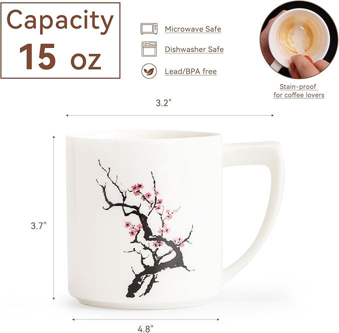 15oz Jadeite Ceramic Coffee Mug with Plum Blossom Design, 1340℃ High-Fire Teacup - Lead-Free, Microwave Safe, Unique Gift for Tea/Coffee Lovers & Friends