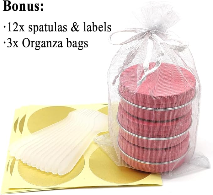 12pcs 1oz 30ml Aluminum Tin Jar, 30g Refillable Makeup Container, 30 Gram Pink Screw Lid Round Can Sample Pot for Cosmetic DIY, Lip Balm, Cream, Salve, Toner, Candle, Free Spatulas +Lables