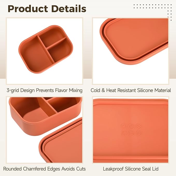OMISTAR 4 PCS Silicone Bento Box 3 Compartment Reusable Bento, Silicone Lunch Container for Adults Work Travel Food Meal Compartment Storage, Microwave Dishwasher Freezer Safe (A)