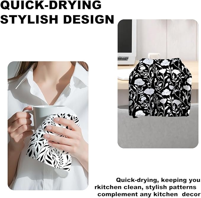 Jztco 2Pcs Black White Flower Kitchen Towels 24x14 Inch, Floral Seamless Pattern Waffle Hand Towels for Kitchen Bathroom Decor, Absorbent Microfiber Dish Cloth Tea Towel, Housewarming Gifts for Women