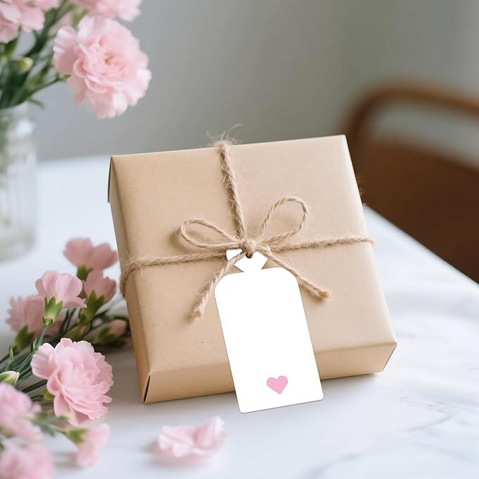 joycraft 100Pcs Gift Tags with String, 4x2 in White Gift Wrapping Tags with Pink Heart, Blank Party Favor Labels for Birthday, Baby Shower, Wedding, Bridal Shower