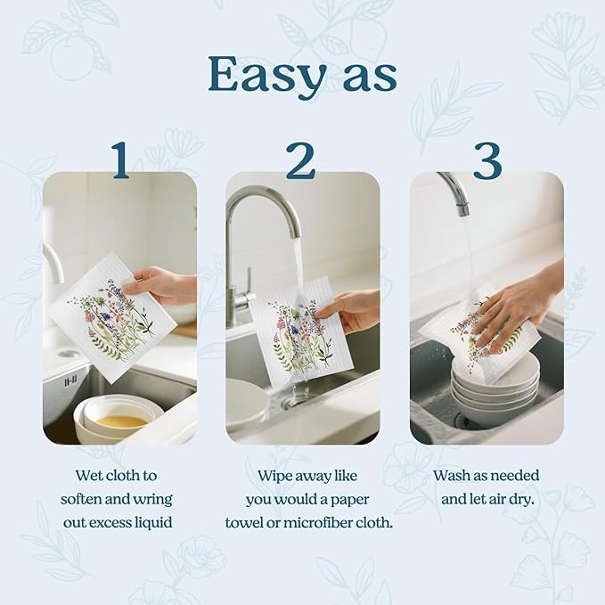 Swedish Dishcloths for Kitchen, Summer Wildflower Dish Rags Floral Kitchen Dish Towels for Washing Dishes, 4 Pack Reusable Paper Towels, Sponge Cloths for Home Cleaning Baking Cooking
