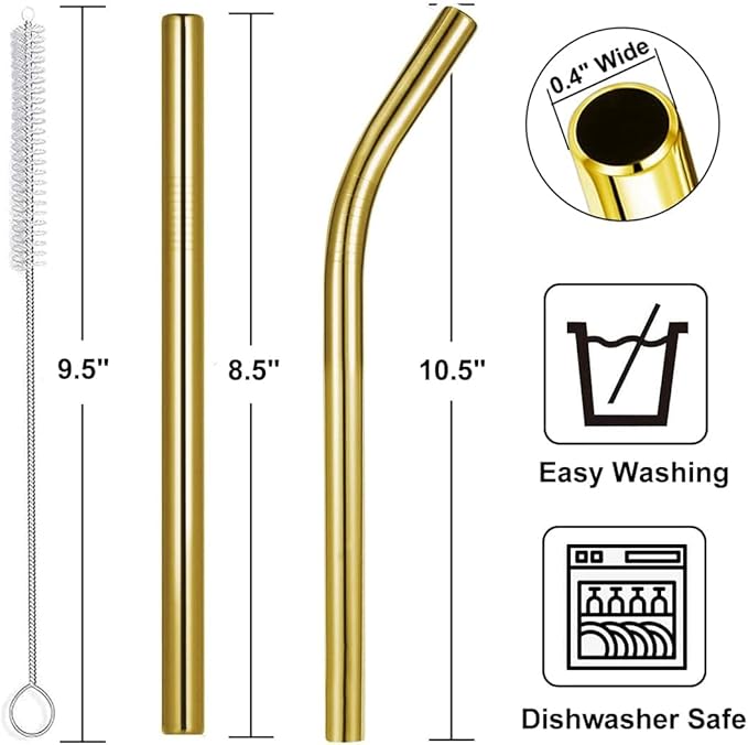 Vinaco 8.5" and 10.5" Big Smoothie Straws & Milkshake Straws, 6 Pack Food-grade Stainless Steel Straws 0.4" Wide Mouth Straw for Smoothie, Milkshakes, Thick Drinks, Gold Metal Straws Reusable