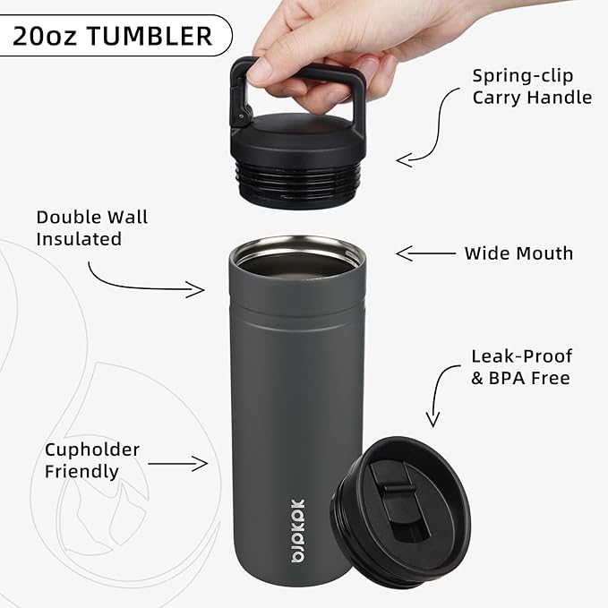 BJPKPK Insulated Water Bottle with 2 Lids,20 oz Double Wall Stainless Steel Vacuum Tumbler Travel Coffee Mug,Wide Mouth Thermal Cup,Grey
